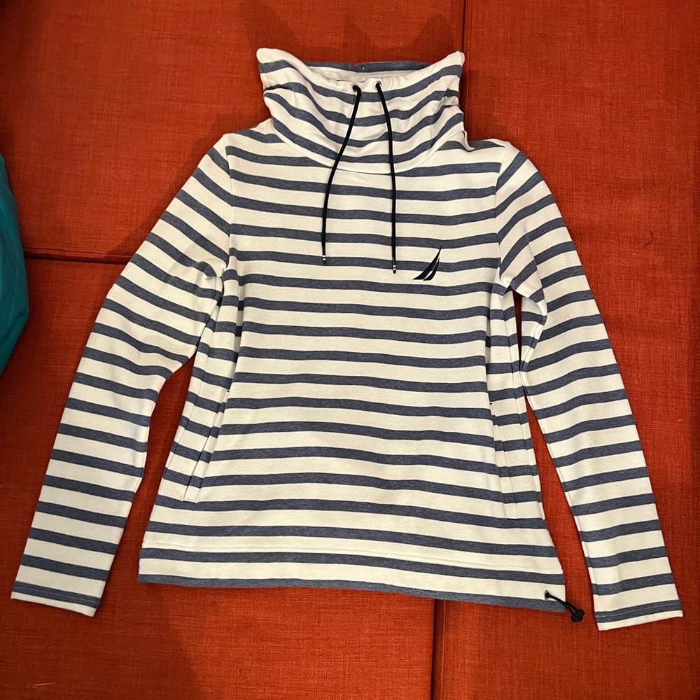 Nautica White/Navy Striped Cowl Neck Drawstring Sweatshirt XS